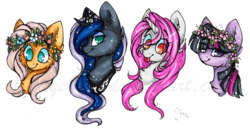 Size: 1863x963 | Tagged: safe, artist:tay-niko-yanuciq, fluttershy, princess luna, twilight sparkle, oc, g4, bust, chest fluff, ear fluff, floral head wreath, fluffy, no pupils, simple background, smiling, tongue out, traditional art, transparent background