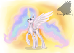 Size: 1600x1160 | Tagged: safe, artist:gryphonofdarkness, princess celestia, g4, female, raised hoof, smiling, solo, spread wings