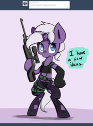 Size: 1361x1828 | Tagged: safe, artist:artguydis, oc, oc only, oc:disastral, pony, unicorn, ask disastral, bikini, bipedal, broken horn, clothes, comic, female, gun, hooves, horn, mare, metal gear solid, metal gear solid 5, midriff, open mouth, optical sight, quiet (metal gear), rifle, sniper rifle, solo, swimsuit, weapon