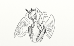 Size: 1200x750 | Tagged: safe, artist:xxmarkingxx, princess luna, g4, female, grayscale, monochrome, nom, simple background, sitting, solo, spread wings, tail bite