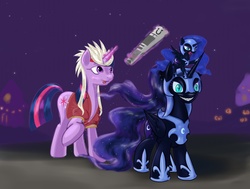 Size: 3392x2560 | Tagged: safe, artist:kwendynew, nightmare moon, twilight sparkle, g4, clothes, costume, grin, high res, jack rakan, magic, negima, newspaper, nightmare night, self ponidox, telekinesis, tongue out