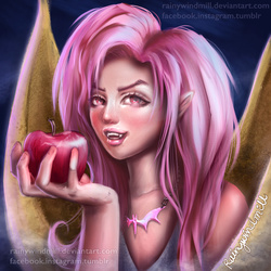 Size: 2400x2400 | Tagged: safe, artist:rainywindmill, fluttershy, human, g4, apple, detailed, elf ears, fangs, female, flutterbat, high res, humanized, necklace, solo, winged humanization