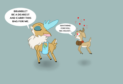 Size: 1024x698 | Tagged: safe, artist:chiptunebrony, idw, bramble, velvet (tfh), deer, fawn, reindeer, them's fightin' herds, g4, community related, crossover, crossover shipping, male, shipping, size difference, smaller male