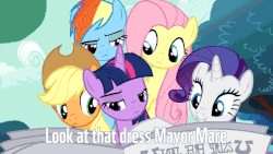 Size: 640x360 | Tagged: safe, applejack, fluttershy, rainbow dash, rarity, twilight sparkle, alicorn, earth pony, pegasus, pony, unicorn, g4, season 5, the one where pinkie pie knows, animated, applejack's hat, cowboy hat, eyeshadow, female, foal free press, gif, hat, lidded eyes, makeup, mare, newspaper, open mouth, open smile, rarity being rarity, smiling, subtitles, twilight sparkle (alicorn), vanity, written equestrian