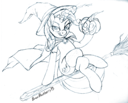 Size: 966x775 | Tagged: safe, artist:brianblackberry, trixie, pony, unicorn, g4, clothes, costume, female, flying broomstick, halloween, jack-o-lantern, mare, monochrome, nightmare night, nightmare night costume, sketch, smug, solo, witch
