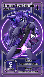 Size: 800x1399 | Tagged: safe, artist:vavacung, oc, oc only, oc:stygian melody, cat, hybrid, pegasus, pony, cat ears, commission, female, mare, pactio card, solo, sword