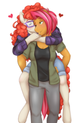 Size: 2287x3504 | Tagged: safe, artist:askbubblelee, babs seed, twist, anthro, unguligrade anthro, g4, female, heart, high res, kissing, lesbian, older, piggyback ride, ship:babstwist, shipping, simple background, transparent background