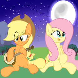 Size: 3000x3000 | Tagged: dead source, safe, artist:artypaints, applejack, fluttershy, earth pony, pegasus, pony, g4, banjo, duo, high res, moon, musical instrument, night, open mouth, sitting