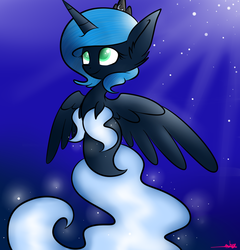 Size: 932x969 | Tagged: safe, artist:ashee, princess luna, sea pony, ask seapony luna, g4, blue mane, blue tail, bubble, crepuscular rays, ear fluff, feather, female, fins, flowing mane, green eyes, horn, night, ocean, s1 luna, seaponified, seapony luna, signature, smiling, solo, species swap, spread wings, stars, sunlight, swimming, tail, underwater, water, wings