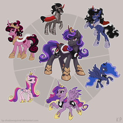 Size: 2000x2000 | Tagged: safe, artist:kp-shadowsquirrel, king sombra, princess cadance, princess luna, alicorn, pony, unicorn, g4, curved horn, fusion, fusion diagram, hexafusion, high res, horn, raised hoof, rearing