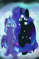 Size: 600x900 | Tagged: dead source, safe, artist:banoodle, nightmare moon, princess luna, alicorn, pony, g4, cloven hooves, dreamscape, duality, duo, ethereal mane, female, lying down, mare, nicemare moon, on back, s1 luna, starry mane, underhoof, unshorn fetlocks