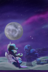 Size: 600x900 | Tagged: dead source, safe, artist:banoodle, princess celestia, princess luna, alicorn, classical unicorn, pony, g4, cloud, cloudy, eyes closed, female, full moon, horn, leonine tail, mare, mare in the moon, moon, night, outdoors, sky, solo, standing, stars, unshorn fetlocks, windswept mane