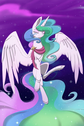 Size: 600x900 | Tagged: dead source, safe, artist:banoodle, princess celestia, alicorn, pony, g4, clothes, cloven hooves, eyes closed, female, flying, mare, scarf, smiling, solo, unshorn fetlocks