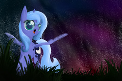 Size: 600x400 | Tagged: dead source, safe, artist:banoodle, princess luna, alicorn, pony, g4, female, filly, grass, night, open mouth, smiling, solo, spread wings, stars, woona