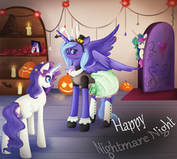 Size: 2550x2300 | Tagged: safe, artist:mailner, princess celestia, princess luna, rarity, sweetie belle, g4, blushing, bunny blanc, bunny ears, candle, clothes, costume, crossover, ever after high, high res, jack-o-lantern, magic, nightmare night, nightmare night costume, pumpkin, s1 luna, shirt, skirt, spread wings, telekinesis