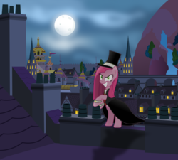 Size: 1024x921 | Tagged: safe, artist:vector-brony, pinkie pie, g4, canterlot, cape, clothes, cosplay, costume, crossover, dr jekyll and mr hyde, female, full moon, green eyes, hat, inkscape, looking at you, moon, mr hyde, night sky, pinkamena diane pie, solo, top hat