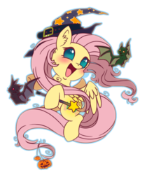Size: 828x987 | Tagged: safe, artist:anthocat, fluttershy, bat, pegasus, pony, g4, cute, ear fluff, female, halloween, hat, holiday, magic wand, no pupils, open mouth, pumpkin, shyabetes, simple background, solo, transparent background, wand, witch hat