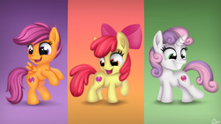 Size: 1360x768 | Tagged: safe, artist:luminousdazzle, apple bloom, scootaloo, sweetie belle, earth pony, pegasus, pony, unicorn, crusaders of the lost mark, g4, bipedal, cutie mark, cutie mark crusaders, looking back, smiling, the cmc's cutie marks
