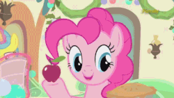 Size: 640x360 | Tagged: safe, screencap, lemon hearts, pinkie pie, g4, hearthbreakers, animated, apple, apple pie, female, magic, now kiss, out of context, pie, shipper on deck