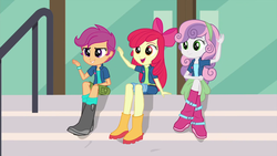 Size: 1024x576 | Tagged: safe, artist:berrypunchrules, edit, edited screencap, screencap, apple bloom, scootaloo, sweetie belle, crusaders of the lost mark, equestria girls, g4, my little pony equestria girls: friendship games, alternate clothes, boots, clothes, cutie mark crusaders, jeans, pants, shoes, skirt