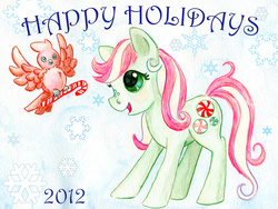 Size: 3600x2704 | Tagged: safe, artist:rayechu, minty, bird, g3, candy, candy cane, high res, snow, snowflake, traditional art, winter