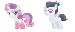 Size: 3074x1334 | Tagged: safe, artist:lunaticdawn, rumble, sweetie belle, pegasus, pony, unicorn, crusaders of the lost mark, g4, clothes, colt, cutie mark, female, filly, heart eyes, male, ship:rumbelle, shipping, simple background, socks, straight, striped socks, the cmc's cutie marks, transparent background, wingding eyes