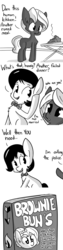 Size: 806x3224 | Tagged: safe, artist:tjpones, oc, oc only, oc:brownie bun, earth pony, pony, horse wife, advertisement, book, bowtie, burned, comic, cute, food, frown, grayscale, monochrome, ocbetes, open mouth, sad, salespony, smiling, tumblr