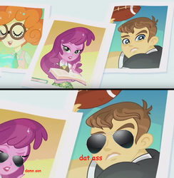 Size: 851x871 | Tagged: safe, edit, edited screencap, screencap, cheerilee, scribble dee, teddy t. touchdown, equestria girls, g4, my little pony equestria girls: friendship games, photo finished, background human, comic, glasses, meme, screencap comic, sunglasses