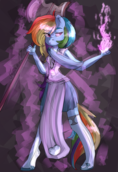 Size: 1653x2400 | Tagged: safe, artist:slynecallisto, rainbow dash, anthro, unguligrade anthro, g4, axe, clothes, female, magic, necklace, pendant, signature, skirt, solo, weapon