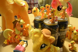 Size: 4608x3072 | Tagged: safe, artist:hampshirebrony, apple bloom, applejack, g4, blind bag, build-a-bear, cider, collection, female, funko, funrise, hatless, irl, jackletree, missing accessory, multeity, photo, strongbow, toy