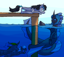 Size: 540x483 | Tagged: safe, artist:graytr, oc, oc only, oc:bucketling, oc:shocks, oc:spotted record, oc:synch, changeling, hybrid, merpony, pegasus, pony, bubble, female, horn, looking at each other, looking at someone, male, ocean, pier, seaponified, sky, smiling, species swap, underwater, water