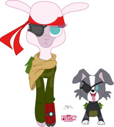 Size: 846x944 | Tagged: safe, artist:midnightblitzz, color edit, pom (tfh), dog, lamb, sheep, them's fightin' herds, community related, crossover, d-dog, duo, eyepatch, konami, metal gear, metal gear solid, metal gear solid 5, punished snake, puppy, sheep dog