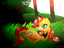 Size: 1024x768 | Tagged: safe, artist:umbramlp, artist:xx-chanour, oc, oc only, oc:fizzy cider, pony, unicorn, cider, drinking, levitation, lying down, magic, magical lesbian spawn, offspring, parent:applejack, parent:sunset shimmer, parents:appleshimmer, solo, telekinesis