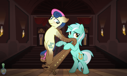 Size: 2400x1440 | Tagged: safe, artist:icaron, bon bon, lyra heartstrings, sweetie drops, pony, unicorn, g4, female, harp, inanimate object, inanimate tf, lesbian, mare, music, musical instrument, petrification, sexy, ship:lyrabon, shipping, show accurate, story included, surreal, transformation, willing transformation
