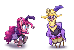Size: 2350x1600 | Tagged: safe, artist:heir-of-rick, paprika (tfh), pinkie pie, alpaca, earth pony, pony, them's fightin' herds, g4, over a barrel, :p, clothes, community related, crossover, dress, duo, female, looking at you, mare, saloon dress, saloon pinkie, simple background, tongue out, white background