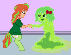 Size: 1289x997 | Tagged: safe, artist:oneovertwo, oc, oc only, oc:green peace, oc:soozen, satyr, slime girl, offspring, parent:smooze, parent:tree hugger