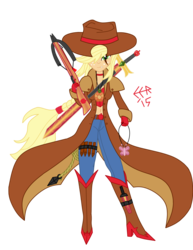 Size: 2550x3311 | Tagged: safe, artist:e-e-r, applejack, equestria girls, g4, belly button, clothes, crossbow, dagger, element of honesty, element of kindness, female, freckles, hat, high res, looking at you, midriff, necklace, pants, pendant, rope, signature, simple background, solo, sword, transparent background, vampire hunter