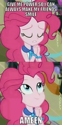 Size: 358x720 | Tagged: safe, screencap, pinkie pie, equestria girls, g4, my little pony equestria girls: friendship games, image macro, meme, pinkie pie praying, prayer, praying, religion in the comments