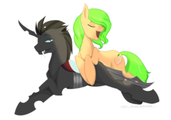 Size: 1024x718 | Tagged: safe, artist:stagetechyart, oc, oc only, oc:nox, oc:sweet peaches, changeling, earth pony, pony, couple, simple background, singing, smirk, transparent background