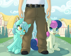 Size: 1205x959 | Tagged: safe, artist:pusspuss, bon bon, lyra heartstrings, sweetie drops, earth pony, human, pony, unicorn, g4, belt, clothes, fanfic art, fanfic cover, female, hand, human in equestria, human male, male, mare, pants, pocket, ponyville, shirt, shoes, sitting, standing