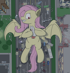 Size: 2305x2433 | Tagged: safe, artist:rapidstrike, part of a set, fluttershy, bat pony, pony, series:giant flutterbat, g4, city, destruction, eating, flutterbat, food baby, giant pony, giantshy, high res, kitchen eyes, loss (meme), macro, object vore, part of a series, police, red eyes, round belly, solo focus