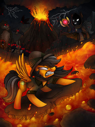 Size: 1024x1365 | Tagged: dead source, safe, artist:ibsn, daring do, bat, bear, pegasus, pony, rabbit, daring do adventure collection, daring do and the marked thief of marapore, g4, gritted teeth, lava, mind control, mojo, red eyes, scene interpretation, scepter, thief, volcano