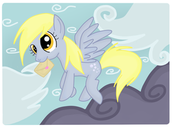 Size: 1000x741 | Tagged: safe, artist:lord-hon, derpy hooves, pegasus, pony, g4, cute, derpabetes, female, flying, letter, mare, mouth hold, solo