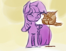 Size: 1012x790 | Tagged: safe, artist:post-it, owlowiscious, twilight sparkle, alicorn, pony, g4, colored sketch, female, mare, scroll, sketch, smiling, twilight sparkle (alicorn)