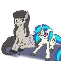 Size: 1000x1000 | Tagged: safe, artist:m_d_quill, dj pon-3, octavia melody, vinyl scratch, g4, amused, cute, grumpy, marker, mouth hold, octavia is amused, sitting