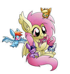 Size: 1024x1088 | Tagged: safe, artist:amberlea-draws, applejack, fluttershy, pinkie pie, rainbow dash, rarity, twilight sparkle, bat pony, pony, g4, cute, dashabetes, diapinkes, female, flutterbat, fluttermom, jackabetes, mare, micro, raribetes, shyabates, shyabetes, simple background, tiny ponies, transparent background, twiabetes, watermark, weapons-grade cute