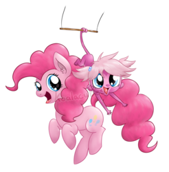 Size: 1024x1041 | Tagged: safe, artist:amberlea-draws, pinkie pie, earth pony, monkey, pony, g4, duo, duo female, female, littlest pet shop, mare, minka mark, open mouth, open smile, simple background, smiling, transparent background, watermark