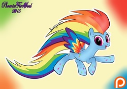 Size: 2894x2039 | Tagged: safe, artist:phoenix-fire-soul, part of a set, rainbow dash, pony, g4, female, flying, high res, looking at you, open mouth, patreon, patreon logo, rainbow power, signature, smiling, solo, spread wings