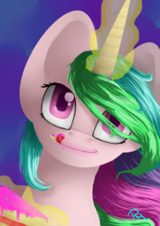 Size: 2480x3496 | Tagged: safe, artist:moon-wing, princess celestia, g4, cake, cakelestia, female, frosting, high res, licking, licking lips, looking at you, magic, solo, telekinesis, tongue out