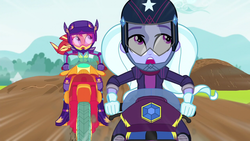 Size: 1280x720 | Tagged: safe, screencap, sugarcoat, sunset shimmer, equestria girls, g4, my little pony equestria girls: friendship games, helmet, motorcross, motorcycle